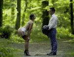 1boy 1girl breasts forest gif high_heels outside panties public removing_panties stockings undressing