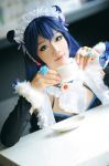 asian blue_hair breasts cosplay eyeshadow female long_hair maid makeup solo