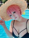 1girl asian bikini blue_eyes cleavage cosplay go-toubun_no_hanayome hat japanese nakano_ichika narukope pink_hair pool solo the_quintessential_quintuplets