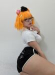 1girl animal_ears ass black_shorts cosplay dolphin_shorts eimi_isami finger_to mouth glasses gumbun large_breasts orange_hair phase_connect scrunchie sourced vtuber white_shirt