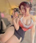 1girl asian asian_female black_shirt burgundy_hair busty choker cleavage curvy cute female female_only floor glasses instagram lace light-skinned_female miniskirt mirror mirror_selfie non-nude phone selfie sitting sitting_on floor smile solo solo_female spicy_ebi thick_thighs thighs white_female