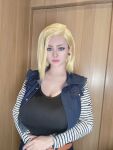1girl android_18 android_18 (cosplay) asian asian_female breasts cleavage clothed clothed_female cosplay dragon_ball z female female_focus female_only female_solo huge_breasts japanese japanese_(nationality) japanese_female long_hair looking_at viewer sitting solo solo_female solo_focus