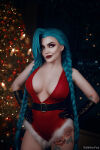 1girl belt blue_hair braided_twintails braids breasts christmas christmas_outfit christmas_tree clothed cosplay cowboy_shot elbow_gloves eyeshadow female female_only front_view gloves hands_on hips huge_breasts jinx_(league of legends) kalinka_fox large_breasts league_of legends lipstick long_hair looking_to the side makeup red_lipstick solo standing tattoo tattoo_on thigh thick_thighs twintails very_long hair waist_belt wig