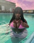 1girl bikini black black_female black_hair breasts clothed clothed_female collar curly_hair dark-skinned_female dark_skin huge_breasts looking_at_viewer medium_hair pool princesss_frenxh water wet wet_body wet_hair