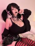 1girl bed black_bra black_hair bra chain feet_out of frame germany goth jacket kneeling large_breasts latex lipstick necklace pillow pinkchyu sharp_fingernails skirt striped_legwear twintails