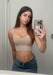 bathroom belly brown_eyes brunette crop_top earrings egirl iphone jeans light-skinned_female mikayla_campinos mirror_selfie petite selfie small_breasts snapchat stomach