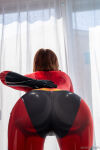 1girl ass bent_over big_ass bodysuit brown_hair brunette cosplay costume elastigirl female female_focus female_only female_solo gloves helen_parr long_hair pawg presenting_ass serinide solo text the_incredibles thick watermark