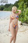 alice_otsu asian asian_female beach blonde blonde_hair fully_clothed hand_on head japanese japanese_female navel pinup short_hair sling_bikini swimsuit