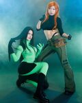 2girls asian ass black_hair cosplay crop_top cuban danisaurz jean_wanwan kim_possible_(series) kimberly_ann_possible medium_breasts midriff orange_hair red_hair shego