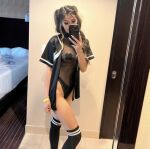 1girl asian dyed_hair lingerie mirror_selfie pasties sheer socks thong