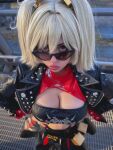 1girl 666strelizia666 blonde_hair burnice_white cleavage cosplay from_above jacket large_breasts red_eyes solo sunglasses wig zenless_zone zero