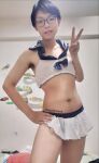 black_hair boy boyfriend bra brown_eyes crossdresser femboy gay glasses light_skin peace_sign skirt tagme transgender trap