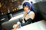 asian blue_hair breasts cosplay eyeshadow female long_hair maid makeup solo