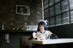 asian blue_hair breasts cosplay eyeshadow female long_hair maid makeup solo