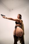 1girl ass back_view big_ass black_bra black_g-string black_garter belt black_garter straps black_hair black_lingerie bra brunette cellulite clothed clothed_female female female_focus female_only g-string garter_belt garter_straps gun holding_gun huge_ass image lingerie lingerie_only lips looking_back looking_back at viewer massive_ass medium_breasts medium_hair partially_clothed pearl_necklace pistol solo solo_female solo_focus stockings thick_thighs wide_hips woesenpai