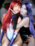 instagram looking_at_viewer purple_hair raven raven_(dc)_(cosplay) red_hair smile starfire thick_thighs two_girls valkyrae youtuber