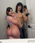 1boy 1girl abodyforplay abs asian_male ass ass_grab bathroom black_hair boyfriend_and girlfriend couple curvy fat_ass groping half_clothed hispanic huge_ass italian_female jakara long_hair mirror mirror_selfie muscular_male nipples phone sourced tattoo tattooed_male thick thighhighs voluptuous