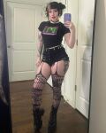 1girl boots booty_shorts choker clothed deadgjrl female female_only goth looking_at_viewer midriff mirror_selfie non-nude selfie solo tattoos thick_thighs