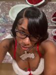 1girl black_female black_hair breasts christmas clothed clothed_female dark-skinned_female dark_skin female female_focus female_only female_solo glasses long_hair medium_breasts sexyy_red solo solo_female solo_focus tattoo tattooed_girl tattoos