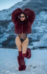 1girl arms_raised arms_up black_hair boots coat female female_focus female_only female_solo glasses latina leg_up lipstick long_hair looking_away makeup pornstar ruth_lee snow socks solo standing thong winter