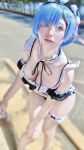 1girl bikini blue_hair breasts cleavage cosplay hair_ornament maid mole_(cosplayer) re:zero_kara_hajimeru_isekai_seikatsu rem_(re:zero) short_hair solo