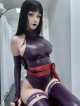 1girl ameliimoo black_hair black_lipstick breasts cosplay female female_only garter_straps psylocke psylocke_(marvel rivals) skin_tight solo thighs