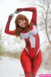 1girl auburn_hair bodysuit cosplay mags.irl marvel_comics omgcosplay snow solo spider-girl spider-woman winter