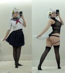 1girl ass ass_focus breasts cosplay female filian gumbun legs leotard sailor_uniform tail thick thick_ass thick_thighs thighs virtual_youtuber vtuber white_hair