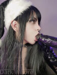 1boy big_dildo black_dildo black_hair christmas_hat darkwaifutrap dildo fake_nails femboy feminine goth hat lipstick looking_away makeup male male_focus male_only male_solo sex_toy solo sucking_dildo text trap watermark