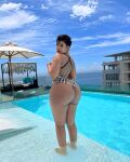 1girl ass big_ass black_hair bracelet dark-skinned_female dark_skin ear_piercing earrings ebony feet female female_focus female_only female_solo lipstick littest_2001 looking_at viewer looking_back piercing pool presenting_ass public short_hair solo standing swimsuit thick water