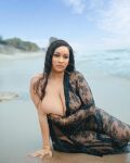 1girl beach black_hair breasts clothed clothed_female covering_breasts curly_hair ebony female female_focus female_only female_solo huge_breasts long_hair looking_at viewer partially_clothed solo solo_female solo_focus wet wet_body wet_hair