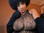 1girl afro big_breasts biting_lip black_female breasts female kurvykary transparent_clothing