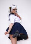 1girl cosplay female filian glasses gumbun legs sailor_uniform skirt thighs upskirt virtual_youtuber vtuber white_hair