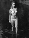 1960s absurdres actress alternate_costume barbara_bouchet bare_shoulders barefoot beautiful_woman bikini black_and white cleavage collarbone emotionless emotionless_female expressionless female_focus femsub greyscale heavenly_body highres indifferent large_breasts large_tits long_hair modeling navel original posing river standing_in water strutting walking white_bikini wide_hips