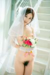 1girl asian asian_female bouquet breasts brown_hair female female_only flower gloves japanese japanese_female jav kojima_minami medium_breasts medium_hair necklace nipples nude pubic_hair solo stairs straight_hair wedding_veil