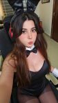 1girl bare_shoulders bowtie breasts bunny_girl chair cleavage clothed female female_only headphones large_breasts latina leotard looking_at viewer non-nude pantyhose pursed_lips selfie sitting solo