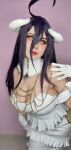 1girl albedo_(overlord) breasts cleavage cosplay horns large_breasts overlord_(maruyama) punkmacaroni purple_hair solo succubus yellow_eyes