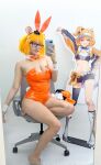 1girl animal_ears bowtie bunnysuit cosplay eimi_isami glasses gumbun large_breasts office_chair phase_connect scrunchie selfie sourced vtuber yellow_hair