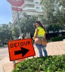 1girl ass ass_focus big_ass big_butt bra brunette bubble_butt clothed curvy dat_ass exposed_ass eyelashes female female_only from_behind greek huge_ass jeans jeans_down long_hair looking_at viewer looking_back milf non-nude outdoors pants_down pawg pornstar posing presenting presenting_ass public road sign solo sourced standing tattoo tattoo_on ass thick_ass thick_thighs thong toned victoria_banxxx wide_hips