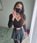 1girl asian brown_hair collar facemask female long_hair onigiri skirt small_breasts thighhighs virtual_youtuber vtuber