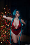 1girl belt blue_hair braided_twintails braids breasts christmas christmas_outfit christmas_tree clothed cosplay elbow_gloves eyeshadow female female_only front_view gloves hair_over one eye hand_on hip huge_breasts jinx_(league of legends) kalinka_fox large_breasts league_of legends lipstick long_hair looking_at viewer makeup puckered_lips red_lipstick solo standing tattoo tattoo_on thigh thick_thighs twintails very_long hair waist_belt wig