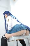 asian ass blue_hair breasts cosplay danganronpa female long_hair looking_back sayaka_maizono skirt solo thighhighs