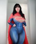 1girl big_breasts cape cosplay skin_tight solo supergirl wide_hips