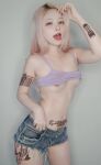 1girl asian asian_female black_fingernails blonde_hair edit female female_only jean_shorts lifted_shirt looking_at viewer makeup open_mouth petite queen_of hearts raceplay short_hair slim solo tank_top tattoo tattoos womb_tattoo