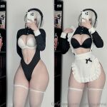 1girl 1girls 2b 2b_(nier:automata) leotard maid maid_apron mommy-anna nier:_automata nier_(series) selfie thighs unitard white_hair