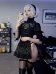 1girl 2b ass black_dress clothed clothed_female cosplay dress legs nier:_automata nier_(series) phone selfie short_dress short_hair solo stockings thighs white_hair yorha_2b