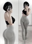 1girl ass ass_focus black_hair epicinternetgf female_focus holding_phone multiple_views selfie short_hair smartphone sports_bra yoga_pants