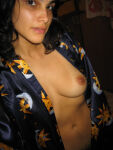 absurdres beautiful_woman black_hair breast_out cleavage collarbone erect_nipple exposed_breast female_focus female_only highres large_breasts large_tits long_hair looking_at camera model_request navel original pussy_hair robe selfie smile smiling standing