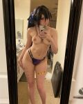 1girl cosplay fake female genshin_impact mangoloo mona_(genshin_impact) purple_hair selfie small_breasts solo topless