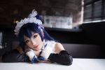 asian blue_hair breasts cosplay eyeshadow female long_hair maid makeup solo